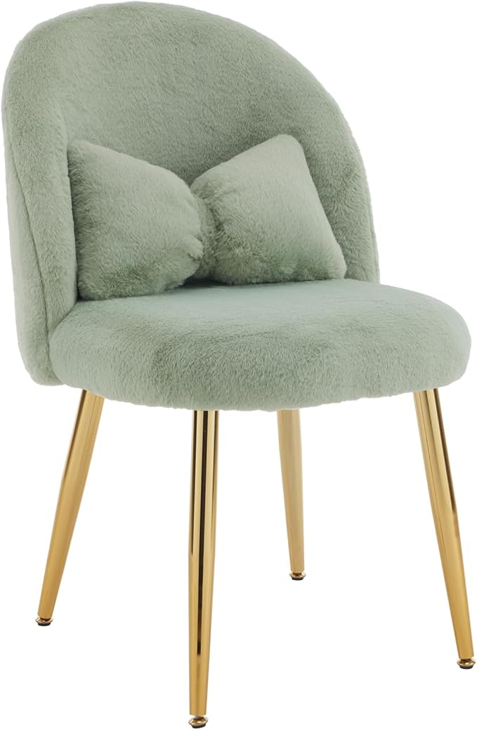 VINGLI Fluffy Girls Vanity Chair with Back & Pillow,Cute Small Cozy Desk Chair No Wheels,Comfy Makeup Ch with Ajustable Gold Legs,for Bedroom,Living Room,Small Space,Green