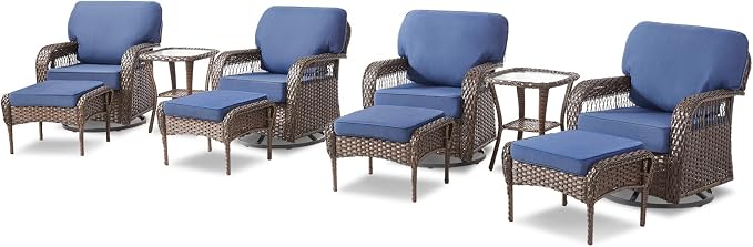 Belord Patio Wicker Swivel Rocker Patio Chairs with Ottoman, Outdoor Rattan Chairs for Deck Porch Poolside, 10 Piece Patio Conversation Furniture Set,Blue