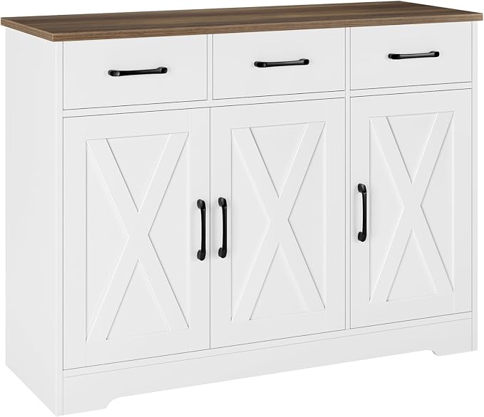 HOSTACK Modern Farmhouse Sideboard Buffet Cabinet, Barn Doors Buffet Storage Cabinet with Drawers and Shelves, Wood Coffee Bar with Storage for Kitchen, Dining Room, Living Room, White