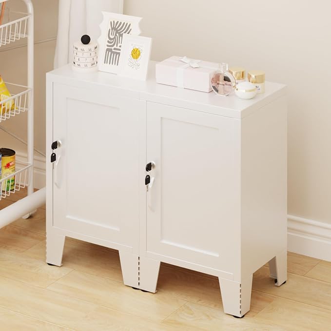 ALBAD Metal Nightstand with Lockable Cabinet, Compact Mini Locker Bedside Table for Kids & Adults, Modern Steel Side Table for Bedroom, Dorm, or Living Room (White)