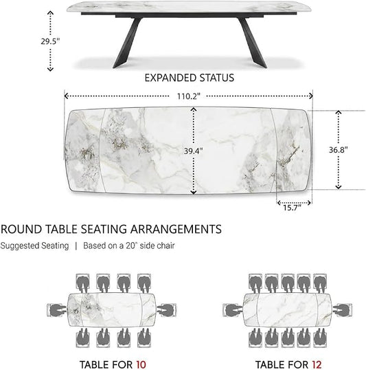 Honyee Extendable Dining Table with Leaf, 78 to 110 Inch Rectangular Sintered Stone, Modern Large Dining Room Table Seats 6 8 10 12, Metal Base, Marble Look for Family Gatherings