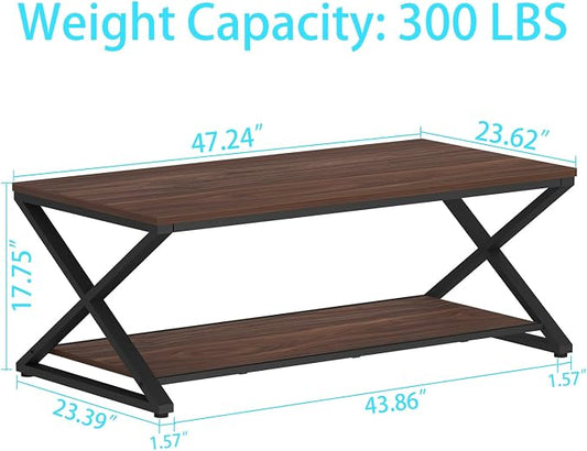 HSH Walnut 2 Tier Storage Coffee Table, Modern Rectangle Center Table for Living Room, Industrial Minimalist Wooden Metal Cocktail Tea Table, Home Office Rustic Simple Display Coffee Table, 39 Inch
