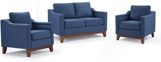 HAOMARKETS Modern 3 Piece Sofa Set with Rivets, Included Fabric Accent Chair Set of 2, and Upholstered Loveseat 2-Seater Couches with Solid Wood Legs, Living Room Furniture Set,Blue