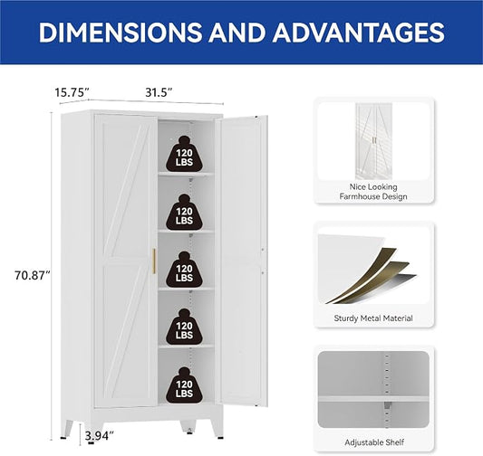 COFaR 71'' Tall Metal Storage Cabinet, Farmhouse Kitchen Pantry Cabinet with Doors and 4 Adjustable Shelves, White Metal Cabinets for Kitchen, Bathroom, Laundry, Garage, 5-Tier