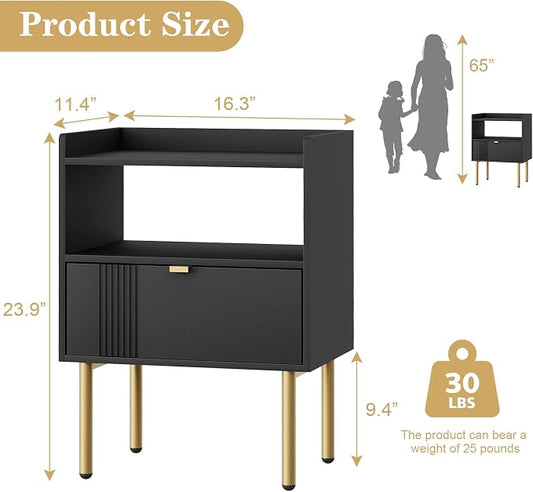 Black Mid-Century Modern Nightstand, End Table with Drawer & Open Shelf | Sturdy metal legs, space-saving for small rooms, quick assembly, raised anti-slip edge, fits bedroom dorm living room
