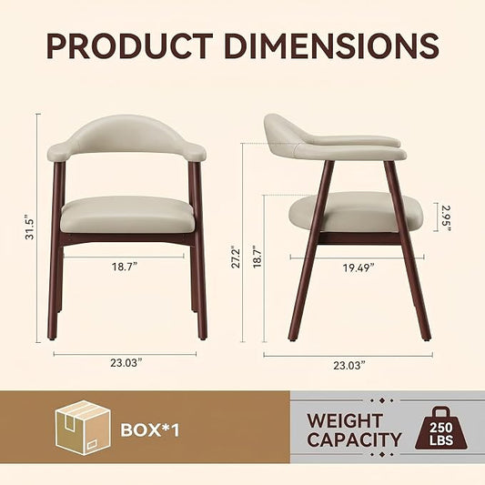 MALOL Leather Dining Chair with Armrest Set of 2, Upholstered Dining Room Chair with Curved Back and Wood Legs, Mid Century Modern Kitchen Chairs for Kitchen Dining Room,Khaki