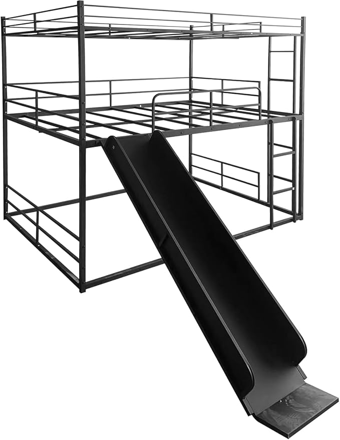 Triple Bunk Bed with Slide, Full Over Full Over Full Metal Bunk Bed with Guardrail and Ladder, Heavy Duty Triple Bed Frame for 3 Teenagers/Adults, No Box Spring Needed,Easy Assembly