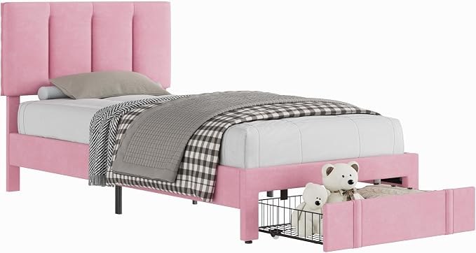 VECELO Twin Size Bed Frame with Storage Drawer, Heavy-Duty Bedframe with Tufted Headboard & Wooden Slats & Steel Framework, No Box Spring Needed, Pink