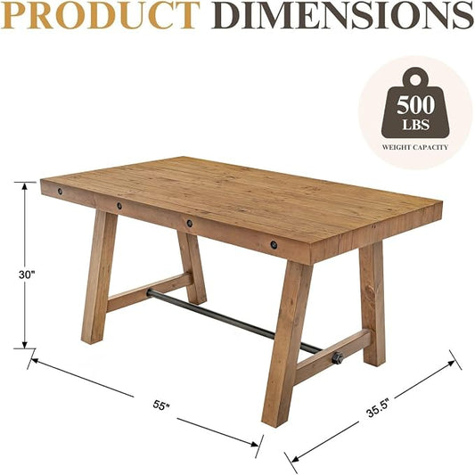 chairus 59" Reclaimed Wood Rectangular Farmhouse Dining Table | 59"L x 35.5"W x 30"H Standard Dining Height Tabletop, Seats 4-6, Reinforced A-Frame Legs with Black Metal Support Bar