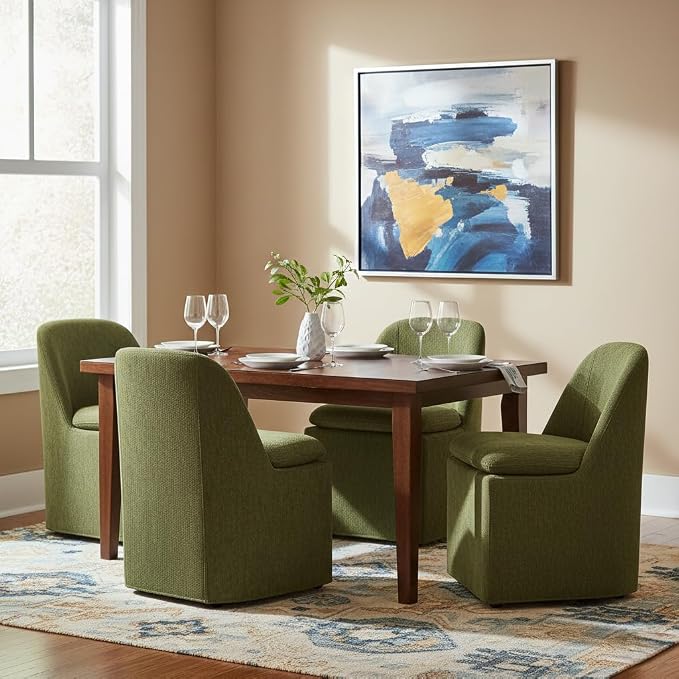 KISLOT Upholstered Dining Chairs with Casters, Washable Cover Modern Dining Room Chairs with Thick Cushion & Sturdy Metal Frame for Kitchen, Living Room, Dressing Room, Green Fabric, Set of 4