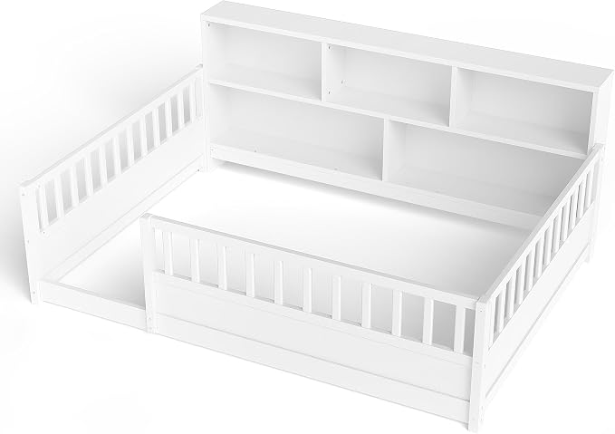 Bellemave Full Size Montessori Floor Bed with Bookcase, Full Size Floor Bed with Rails and Storage Shelves, Easy Assemble Montessori Beds Frame for Girls, Boys, White