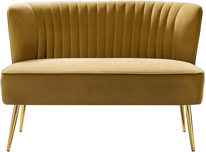TINA'S HOME Mid-Century Velvet Loveseat Sofa, Upholstered Loveseat Couch with Golden Metal Legs, Small Tufted 2-Seat Sofa Armless Love Seat for Living Room Bedroom, Golden