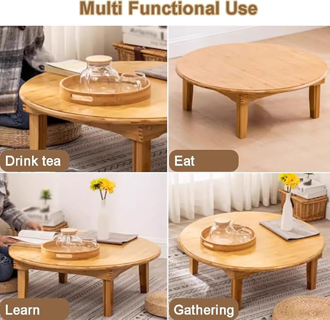 Round Japanese Style Small Table with Foldable Legs - Bamboo Coffee Low Table for Drinking Tea, Bay Window, Tatami, Outdoor, Bed Computer Dining Kang Floor (31.5 * 11.8in)
