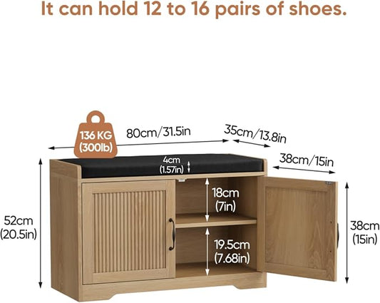 Entryway Shoe Storage Bench with Upholstered Seat, Double Door Cabinet, Adjustable Shelving, Slatted Front, Engineered Wood Organizer for Hallway, Foyer, Mudroom, Bedroom, Walk-In Closet (Oak)