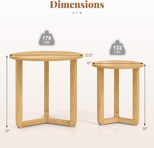 Giantex Round Nesting Coffee Table Set of 2, Wood Nesting End Tables with Thickened Top & Solid Rubber Wood Legs, Farmhouse Sofa Side Table for Small Spaces Living Room Bedroom (Natural)