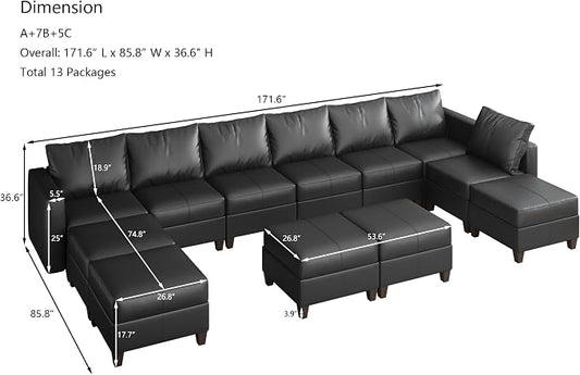 Ease MOOSEO versized Sectional Sofa Modular Couch with Reversible Chaises, Black Faux Leather Sectional Sofa U Shaped Sectional Couch with Storage Large Sleeper Sectional Modular Sofa