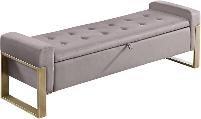 End of Bed Storage Bench, 67'' Benches for Bedroom Foot of Bed King Size, Upholstered Velvet Storage Ottoman Bench with Gold Legs for Window Living Room Entryway, Khaki Grey