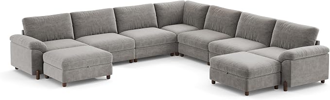 SITJOY Large Cloud Couch, 138" Wide 7 Seater V Shape, Light Gray Chenille | Detachable and Washable Chenille Cover Sectional Sofas for Living Room, Deep Seat Wide Couch with Chaise, Storage Ottoman