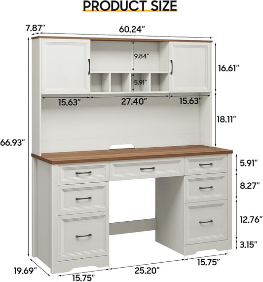 Vabches Farmhouse Executive Desk with 7 Drawers and Storage Cabinet, Rustic Large Home Writing Desk with Hutch, Workstation for Bedroom, White