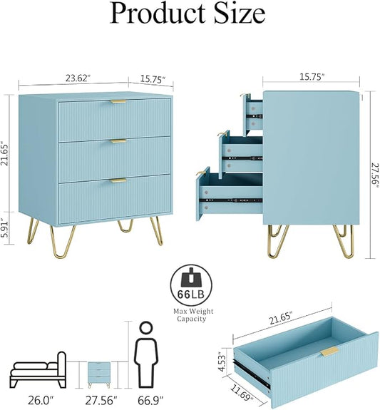 Blue Dresser for Bedroom, Modern Fluted 3 Drawer Dresser with Storage, Dresser Chest of Drawers with Gold Handles for Bedroom, Living Room, Closet, Hallway, 15.8" D x 23.6" W x 27.6" H