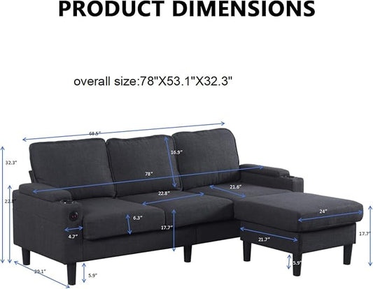 67'' L-Shaped Velvet Modular Sectional Couch Sofa with Ottoman, 3-Seat Convertible Cloud Deep Seat Sofa Couches for Living Room Bedroom Apartment, Cozy Chaise Lounge Sofas (Dark Grey)