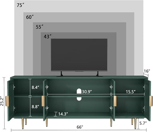 66" TV Stand for 75 Inch TV, Minimalist Media Console with Adjustable Shelves, Modern Entertainment Center with Storage for Living Room Bedroom, Green
