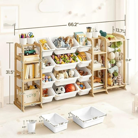 Toy Storage Organizer 4-in-1 Stuffed Animal Storage with 2 Bookshelf and 12 Plastic Bins - Toys Organizer for Kids Room - Wooden Toy Rack for Playroom, Bedroom, Nursery Decor