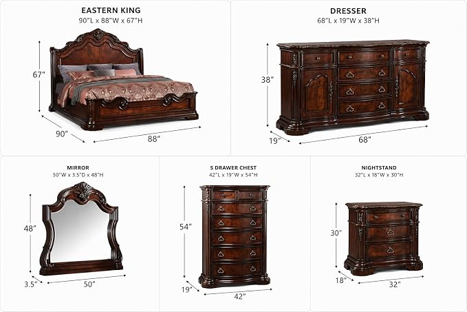 First of a Kind Barney's Traditional 5 Piece Eastern King Bedroom Set Solid Wood Furniture Collection with Walnut Finish, Classic Carved Design for Spacious Master Bedroom Interiors