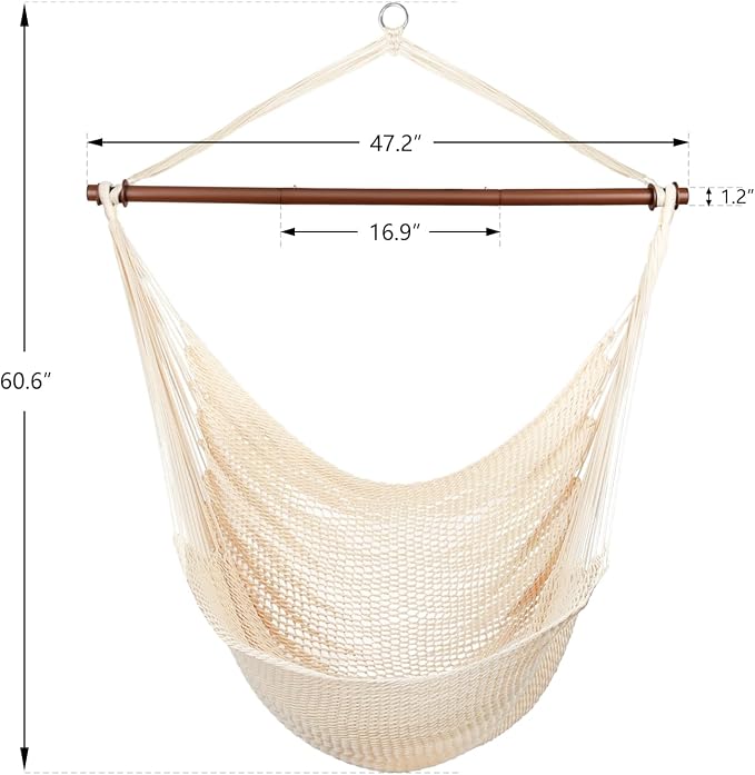 Upgraded Caribbean Hammock Chair with Detachable Metal Bar, Large Hammock Swing Chair, XL Rope Hanging Chair for Outdoor Indoor, 330 LBS Weight Capacity, Seashell