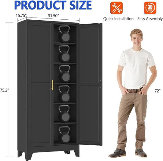 GAIOUS 75''Tall Metal Garage Storage Cabinet,File Cabinet with Door and Adjustable Shelves, Outdoor Steel Tool Cabinet for Home,Office,Warehouse,Garage,Black