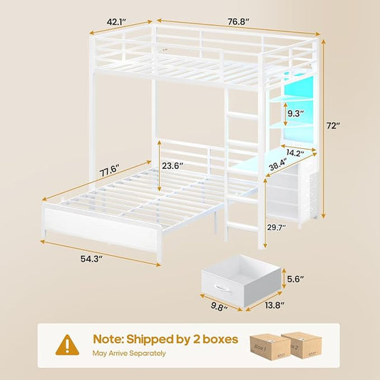 ADORNEVE Twin Over Full Bunk Bed with Desk, Bunk Beds Twin Over Full Size with Charging Station & Led Lights, Storage Drawers & Shelves, Loft Bed with Safety Guardrail & Ladder for Kids/Teens, White