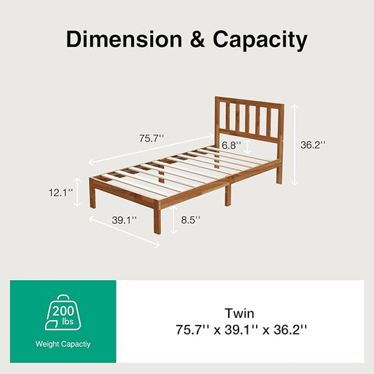 Novilla 12inch Twin Size Bed Frame Wooden Twin Platform Bed Frame, Classic Twin Bed Frame with Headboard No Box Spring Needed, Easy Assembly, Natural