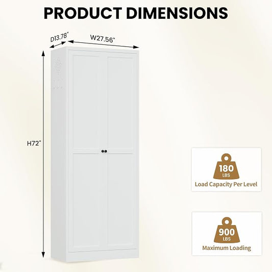 Kitchen Pantry Cabinet, 72" Tall White Metal Storage Cabinet, Kitchen Storage with 2 Doors and 5 Adjustable Shelves, Freestanding Cupboard for Living, Dining Room and Bathroom,Assemble Required