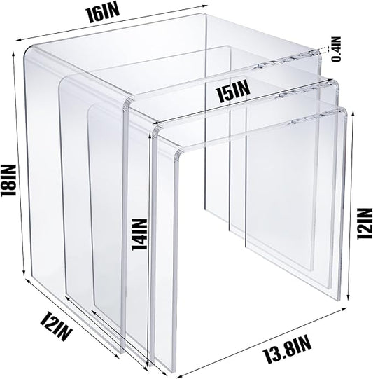 Barydat Set of 3 Nesting Tables Transparent Acrylic Side Table Modern Coffee Clear Desk with Round Corner Rectangle Clear Nightstand and Stool for Living Room Bedroom Home Office