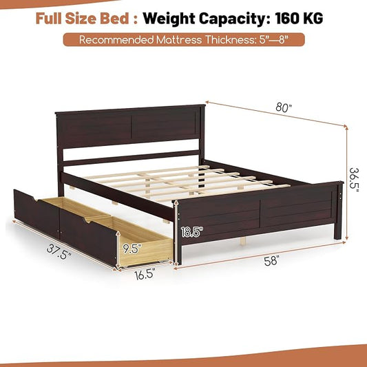 GOFLAME Full Size Bed Frame with 2 Drawers, Platform Bed with Solid Wood Headboard & Footboard, Wood Slats Support Mattress Foundation, Under Bed Storage, No Box Spring Needed, Easy Assembly, Espresso