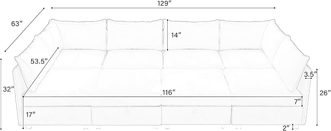 129-Inch Oversized 8 Seat Modular Cloud Sofa Deep Seat Storage Sectional Sofa Couch Free Combination W/Movable Ottomans,L/U Shaped Chenille Upholstered Convertible Sleeper Couch for Home Apartment | Space Saving