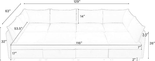 129-Inch Oversized 8 Seat Modular Cloud Sofa Deep Seat Storage Sectional Sofa Couch Free Combination W/Movable Ottomans,L/U Shaped Chenille Upholstered Convertible Sleeper Couch for Home Apartment