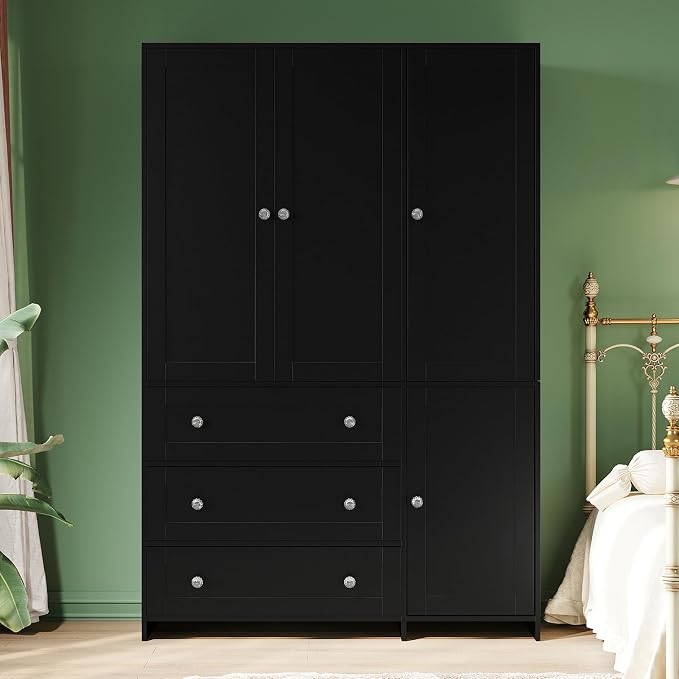 VOWNER Armoire Wardrobe Closet with Drawers and Mirror, 71" Clothing Storage Cabinet with Hanging Rod, 4 Doors Wooden Wardrobe Cabinet for Bedroom, Large Capacity Storage