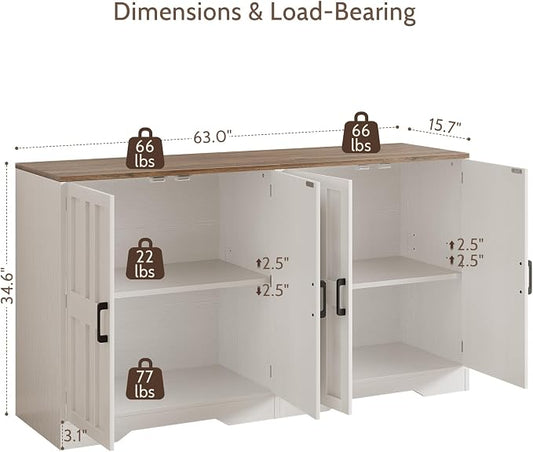 Sideboard Buffet Cabinet, Modern Farmhouse Kitchen Storage Cabinet, 63" Modular Accent Cabinet Coffee Station Bar Media Console Table Credenza for Kitchen Dining Room, Living Room Entryway Hallway