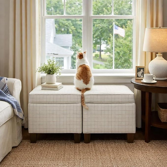 HomePop Home Decor | K7342-F2236 | Classic Square Storage Ottoman with Lift Off Lid | Ottoman with Storage for Living Room & Bedroom, Natural Windowpane, White Natural Stripes Large