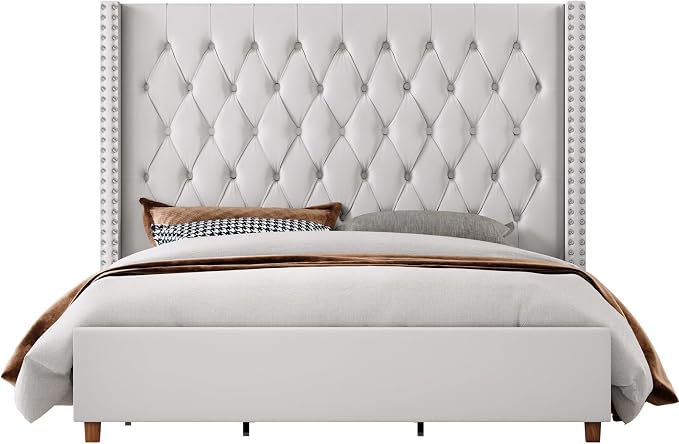 Jocisland Queen Bed Frame 61.4" Tall Headboard Velvet upholstered,Cream | Full Back Support Wingback Headboard,Deep Button Tufted Hand-crafted Pleats,Squeak-Free Sleep,Solid Wood Legs,Easy Assembly