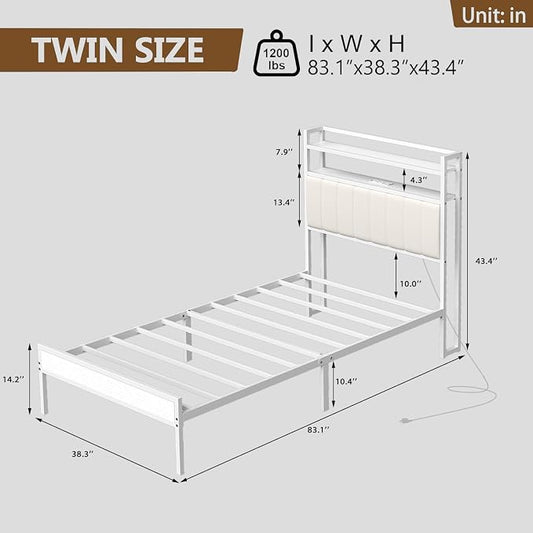 Twin Size Bed Frame with Upholstered Headboard and 2-Tier Storage Shelves | Metal / Charging Station / LED Lights / Under Bed Storage / Non-slip/ Noise Free / No Box Spring Needed / White