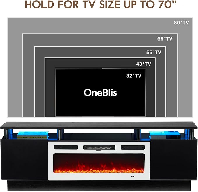 70" TV Stand for Living Room, Modern Entertainment Center & Media Console, Fits TVs up to 80", Storage Cabinet with Shelves, 36" Electric Fireplace with LED Flame