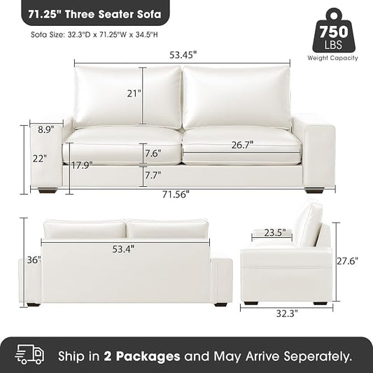 Valthie Faux Leather Couch, Mid Century Modern Comfy Loveseat Sofa with Wide Arm, Side Pockets, Solid Wooden Frame for Office, Living Room and Bedroom, 2 Seater (White, 71.25 Inches)
