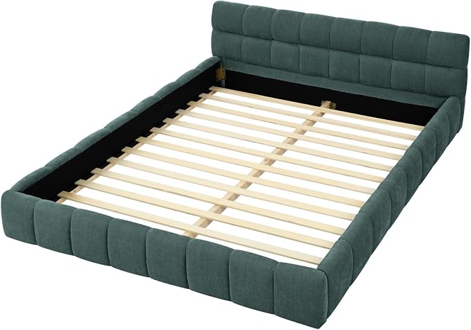 KEIKI Queen Thick Chenille Platform Bed Frame with Upholstered Tufted Headboard, Modern Solid Wood Floor Platform for Bedroom, No Box Spring Needed