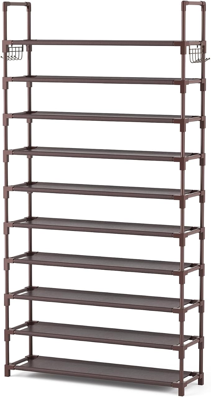 VTRIN 10 Tiers Shoe Rack Tall Large Capacity Wide Shoe Organizer Sturdy Shoe Shelf for Entryway with Two Hooks Metal Shoe Storage for Closet, Bedroom, Brown