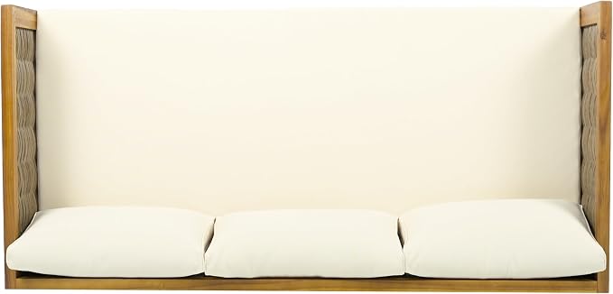 Merax Outdoor Acacia Wood Conversation Set - Patio 3-Seat Loveseat Sofa w/Coushion and Round Coffee Table for Backyard, Lawn, Balcony, Beige +Teak
