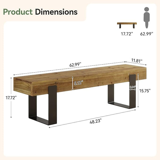 Solid Wooden Entryway Bench, 63" Farmhouse Indoor Shoe Bench with Metal Legs, Industrial Long End of Bed Stool with Seating for Entry, Hallway, Porch, Living Room, Mudroom, Easy Assembly
