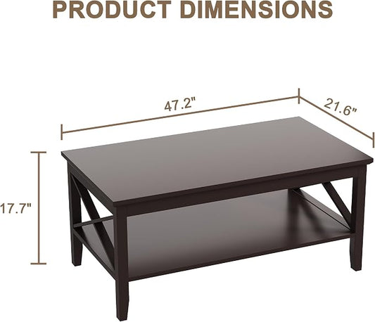 ChooChoo Coffee Table with Thicker Legs, Brown Wood Coffee Table with Storage for Living Room, 47 inch