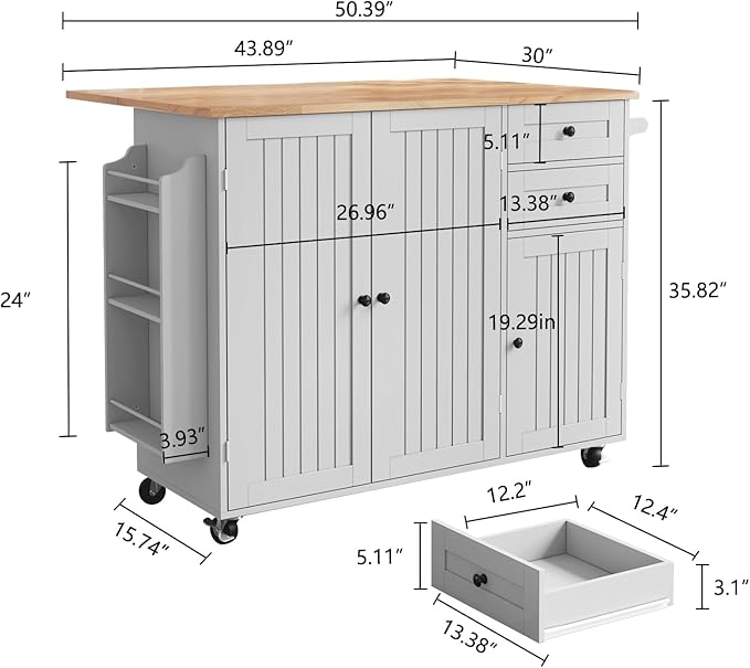 HLR Kitchen Island with Storage, Grey Rolling Kitchen Island on Wheels with Drop-Leaf Bar Countertop, Prep Table with Side Open Spice Rack and Tower Rack, Home Bar Carts with Storage